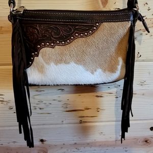 COWHIDE HAIR ON GENUINE LEATHER FRINGE PURSE